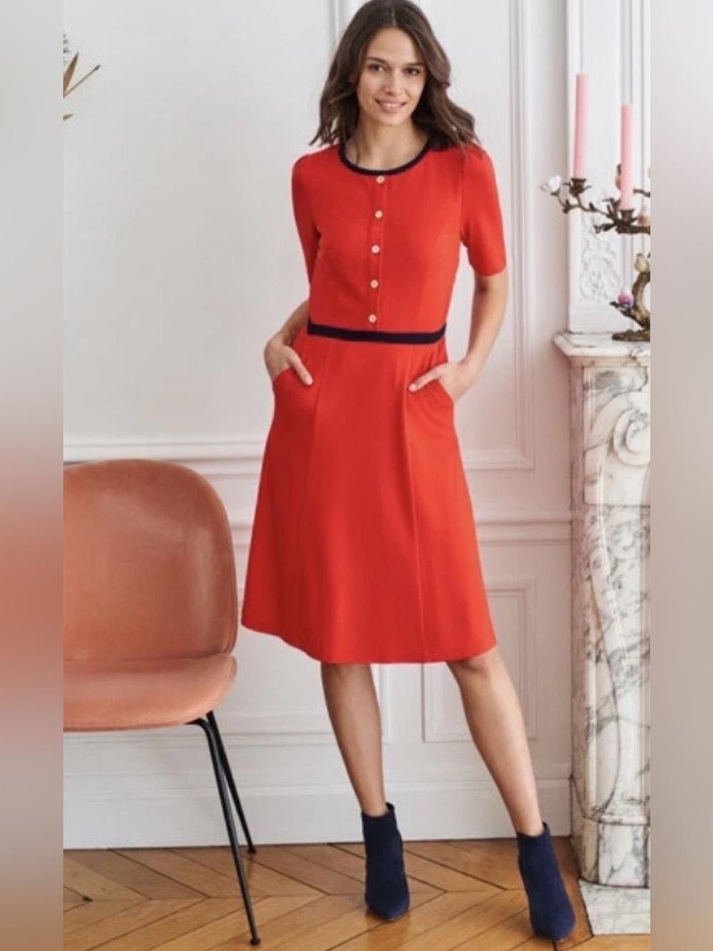 Boden Maria Ponte Red  Dress with Navy Trim